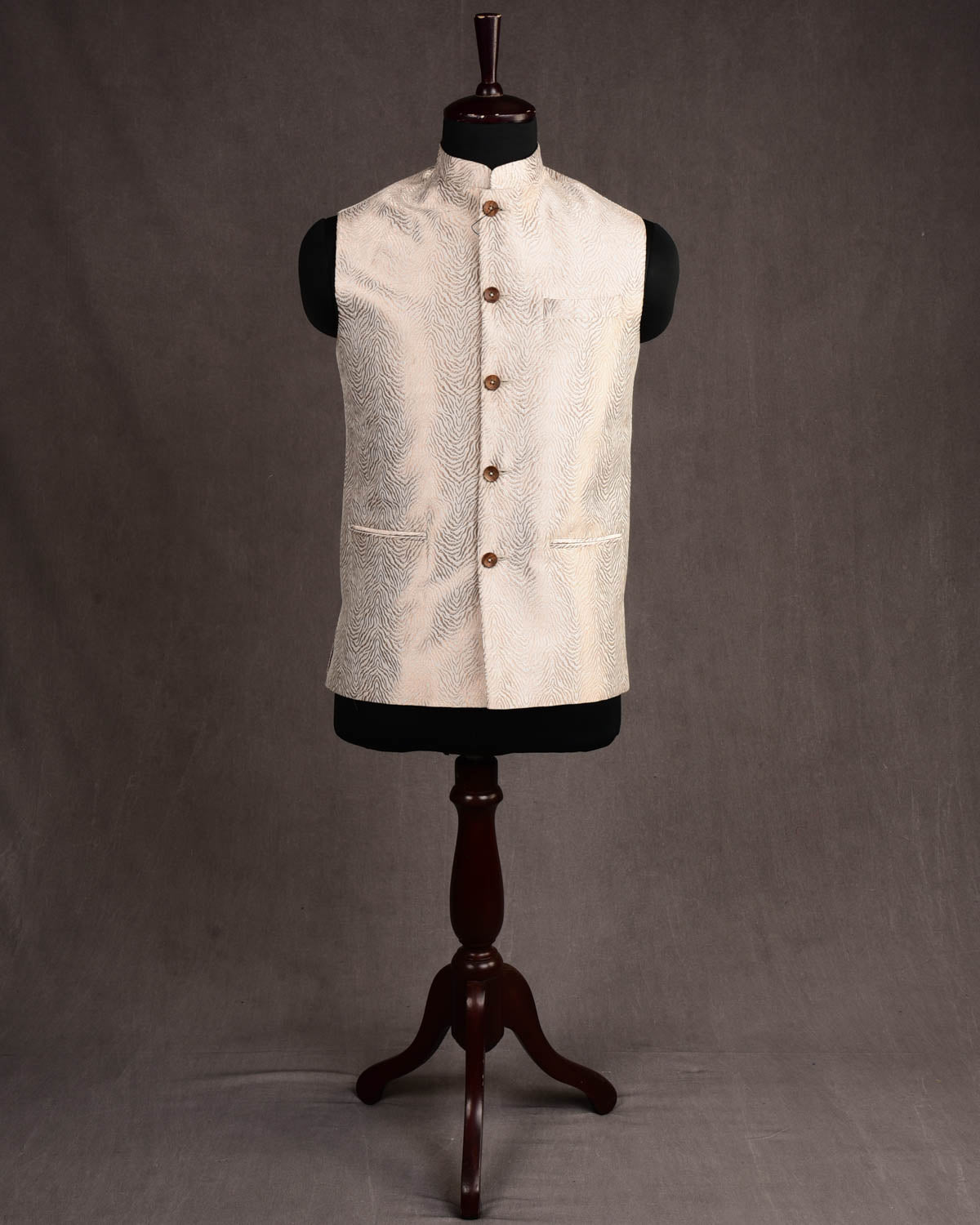 Cream Banarasi Gold Zari Tiger Stripes Brocade Handwoven Katan Silk Slim Fit Mens Modi Jacket-HolyWeaves