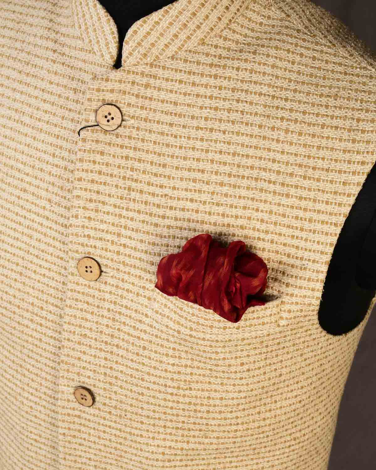 Cream Banarasi Handwoven Jute Cotton Mens Modi Jacket-HolyWeaves