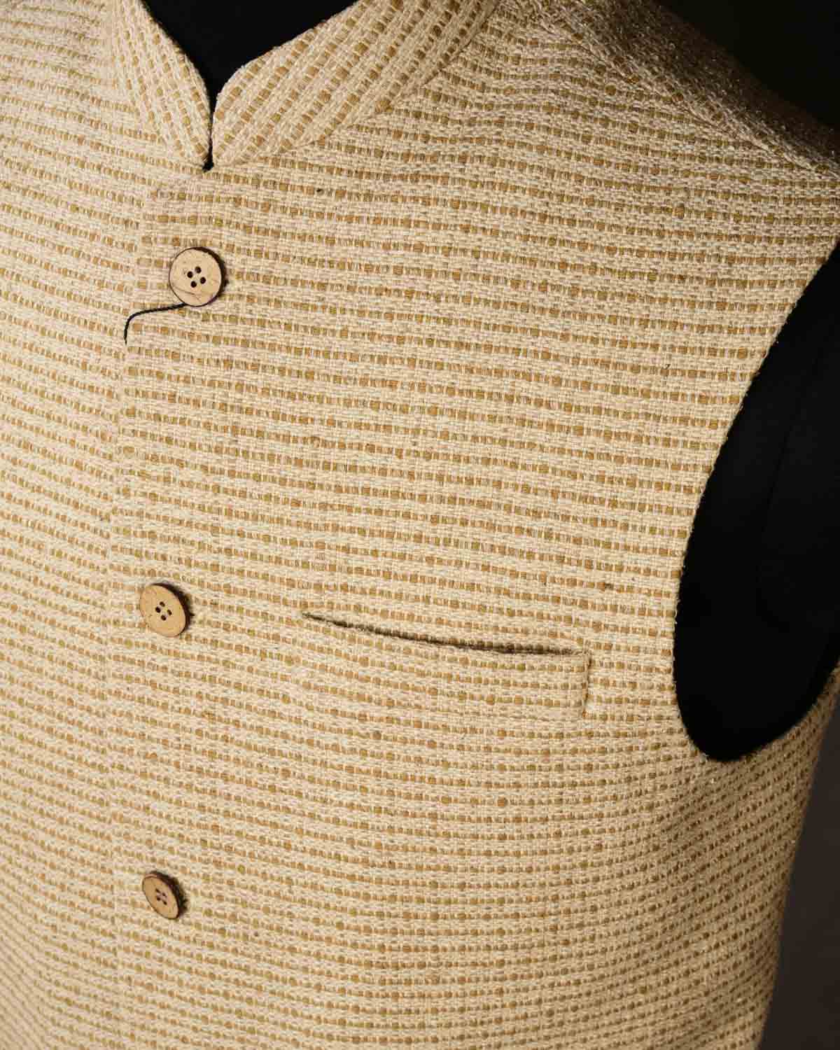 Cream Banarasi Handwoven Jute Cotton Mens Modi Jacket-HolyWeaves