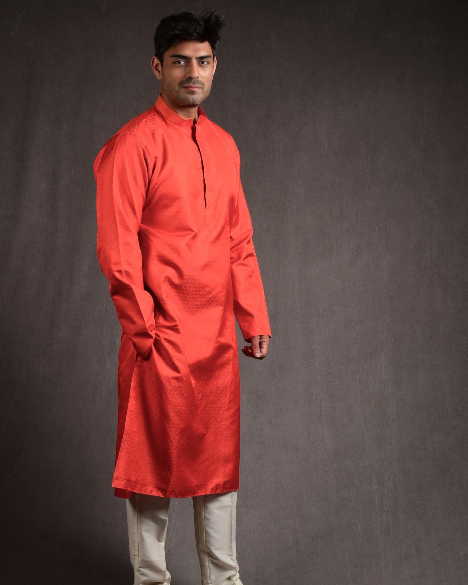 Orange Banarasi Tanchoi Brocade Pure Silk Mens Kurta Pyjama-HolyWeaves