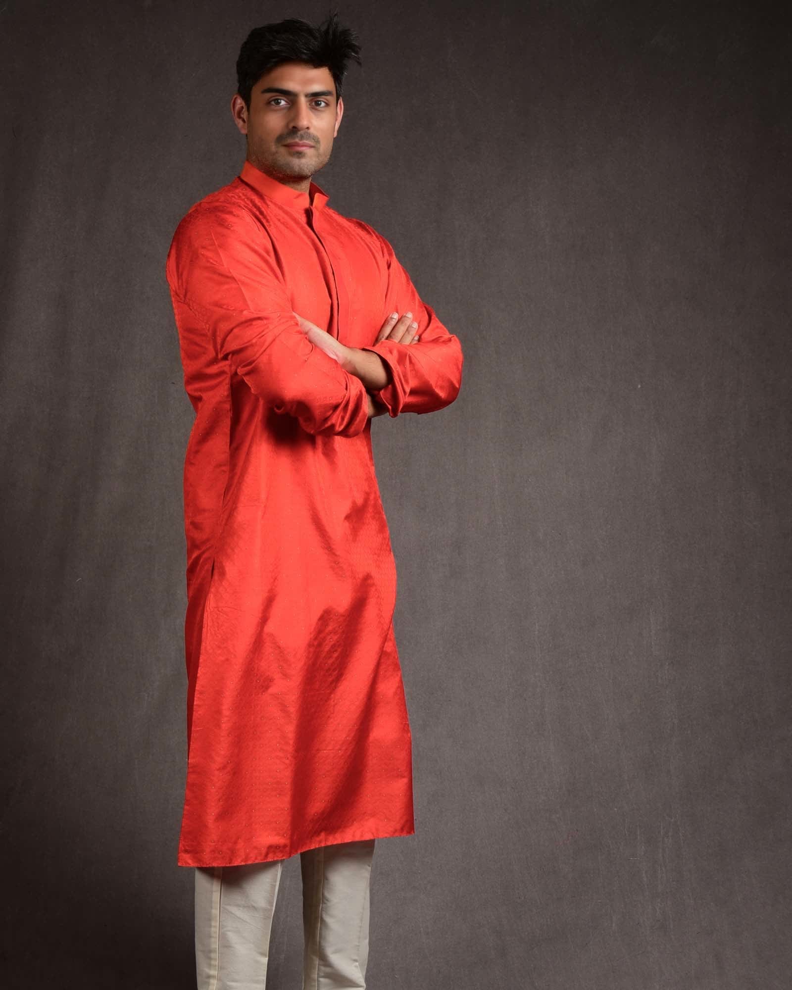 Orange Banarasi Tanchoi Brocade Pure Silk Mens Kurta Pyjama-HolyWeaves