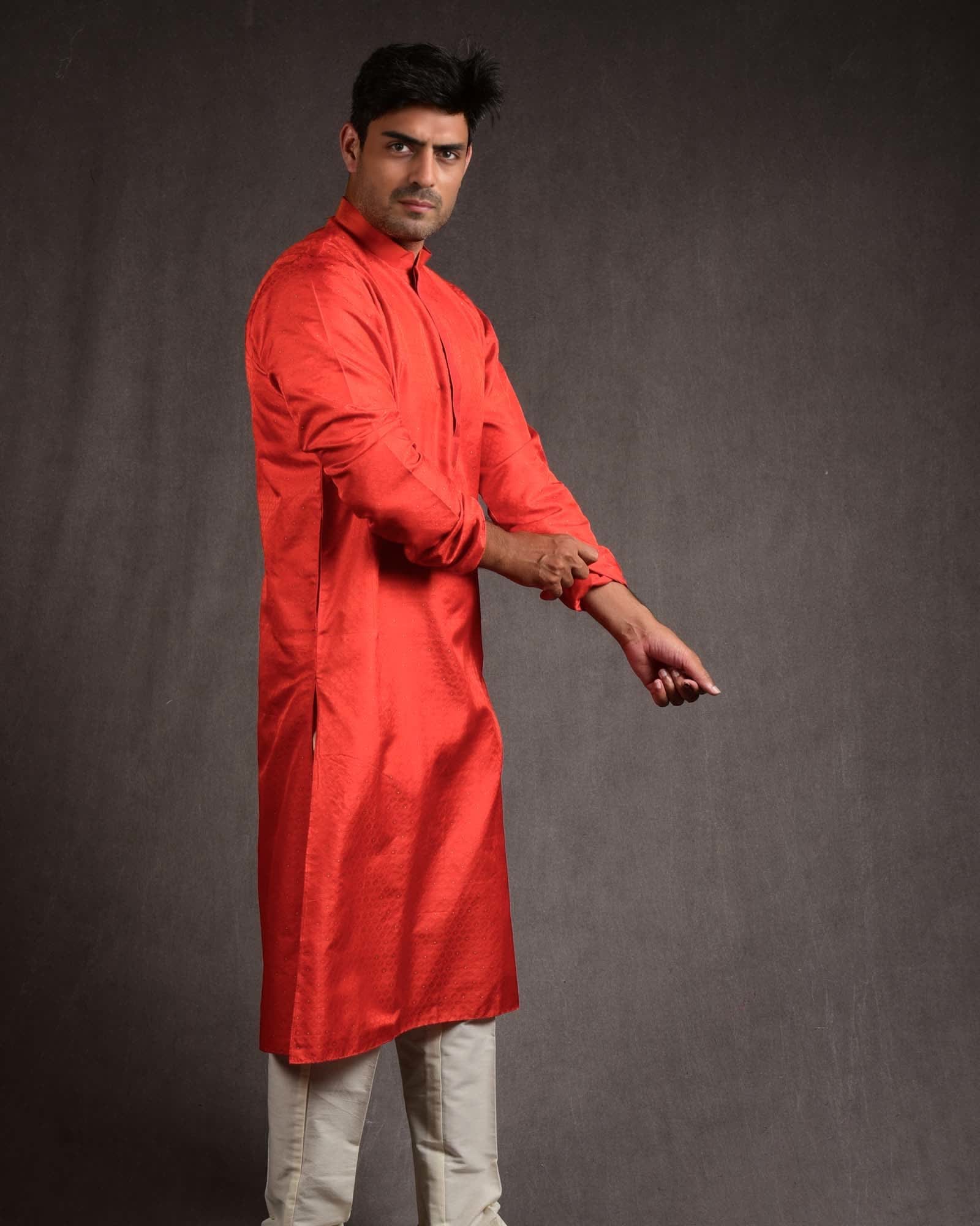 Orange Banarasi Tanchoi Brocade Pure Silk Mens Kurta Pyjama-HolyWeaves