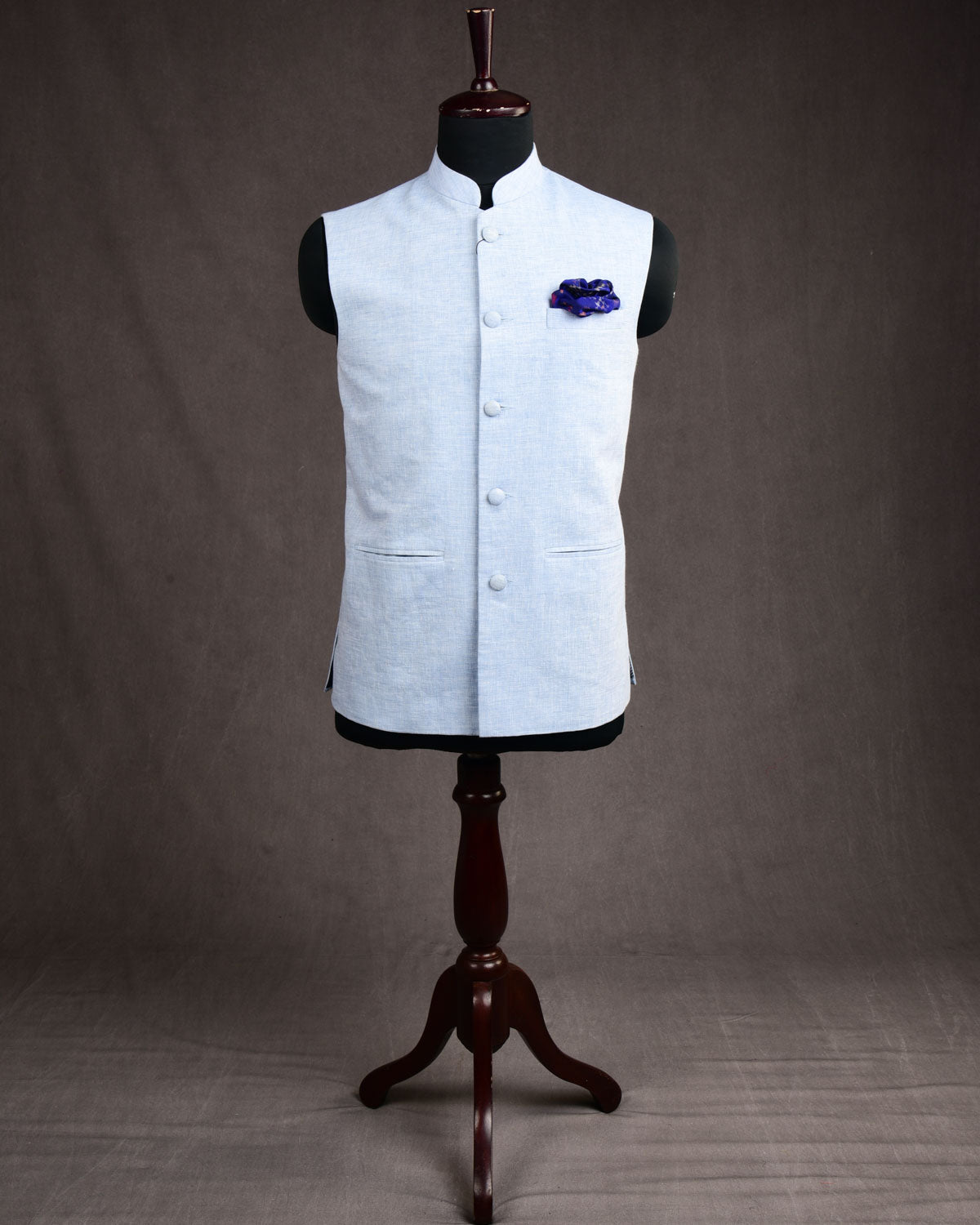 Textured Sky Blue Linen Mens Modi Jacket with Jaipur Cotton Lining-HolyWeaves