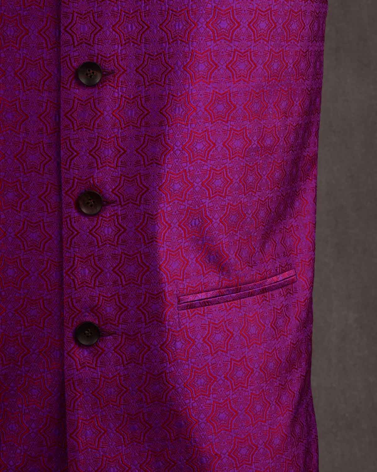 Purple Kaleidoscopic Stars Resham Tanchoi Silk Mens Modi Jacket-HolyWeaves