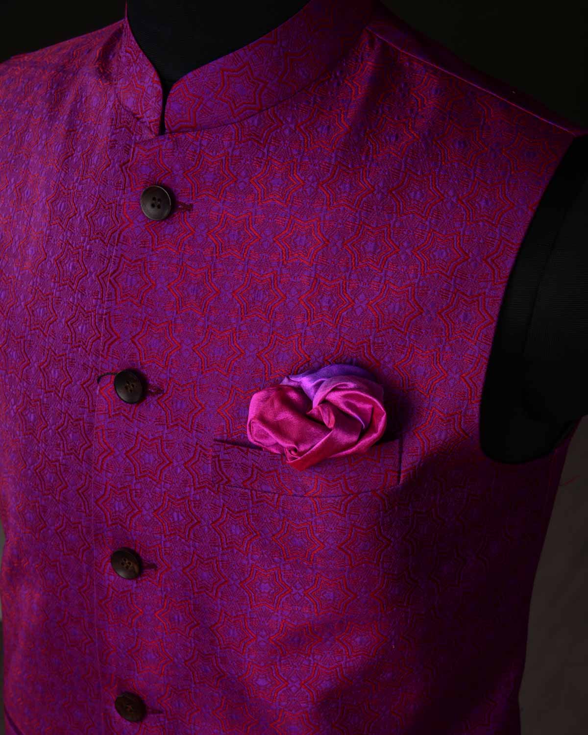 Purple Kaleidoscopic Stars Resham Tanchoi Silk Mens Modi Jacket-HolyWeaves