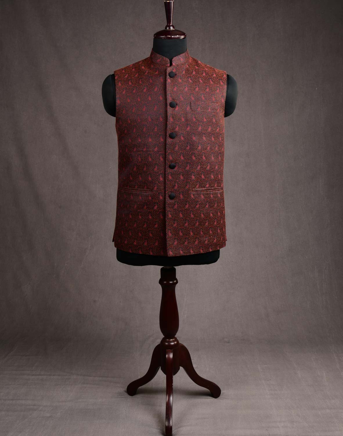 Maroon On Black Banarasi Tehra Jamawar Silk Wool Mens Modi Jacket-HolyWeaves