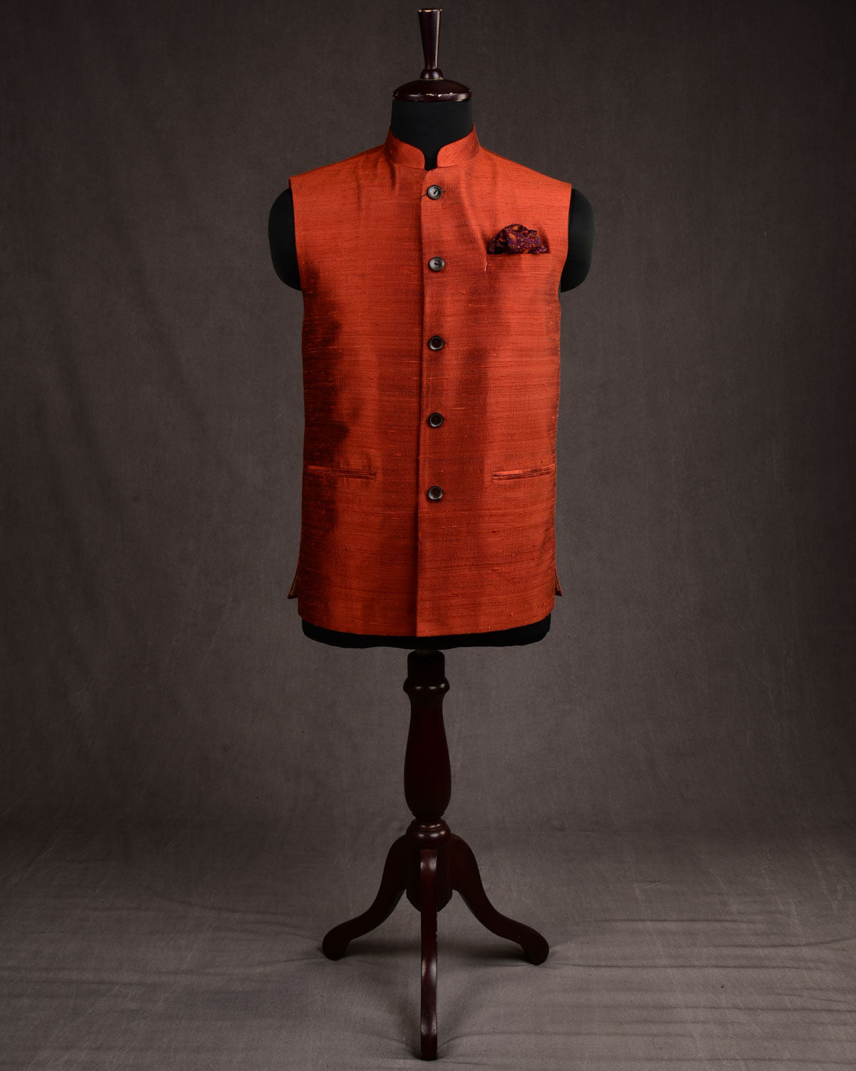 Rust Banarasi Textured Handwoven Raw Silk Mens Modi Jacket-HolyWeaves