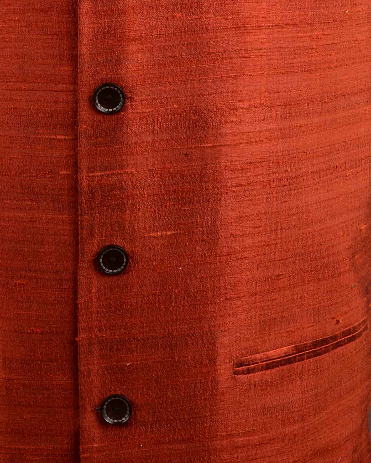 Rust Banarasi Textured Handwoven Raw Silk Mens Modi Jacket-HolyWeaves