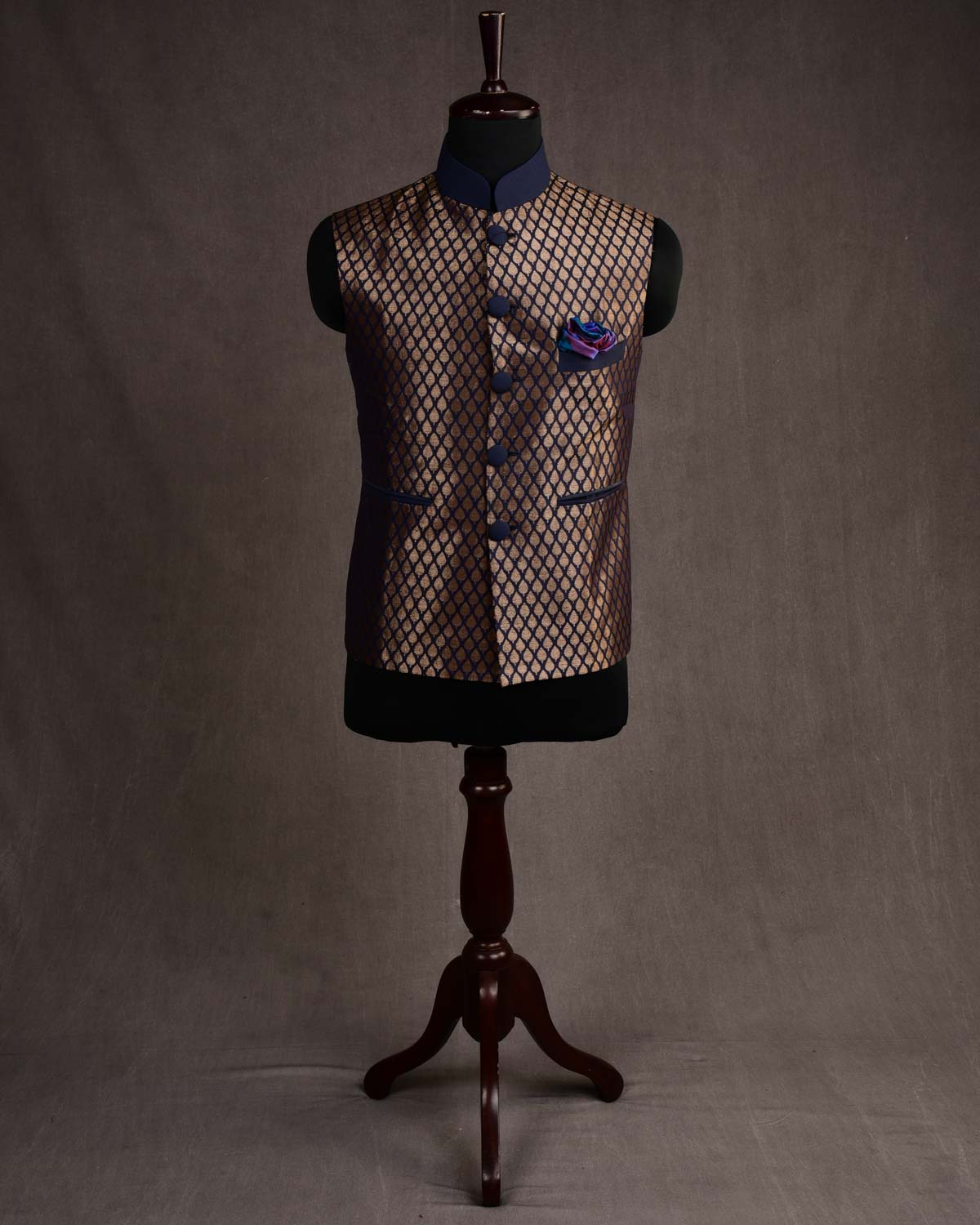 Blue Silk Brocade Slim Fit Mens Modi Jacket-HolyWeaves