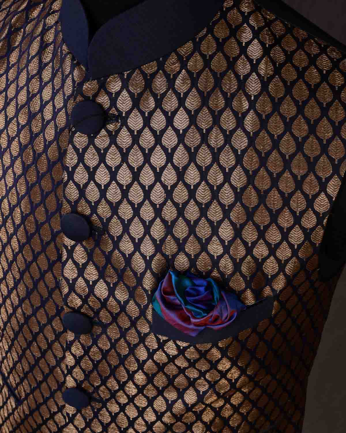 Blue Silk Brocade Slim Fit Mens Modi Jacket-HolyWeaves