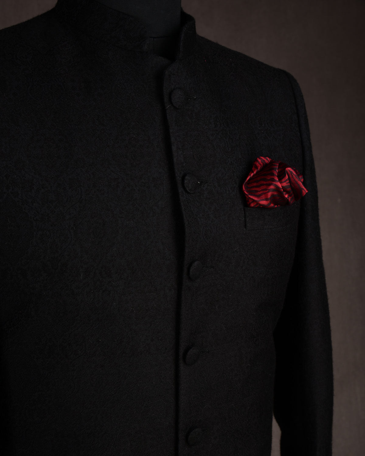 Black Banarasi Damask Tanchoi Silk Wool Mens Sherwani-HolyWeaves