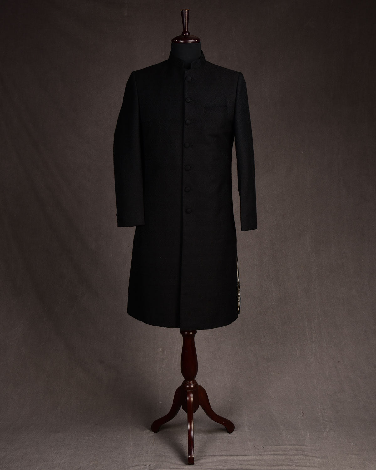 Black Banarasi Damask Tanchoi Silk Wool Mens Sherwani-HolyWeaves