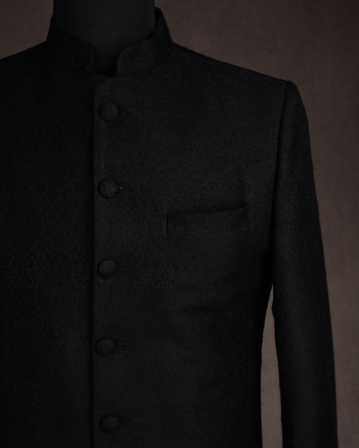 Black Banarasi Damask Tanchoi Silk Wool Mens Sherwani-HolyWeaves
