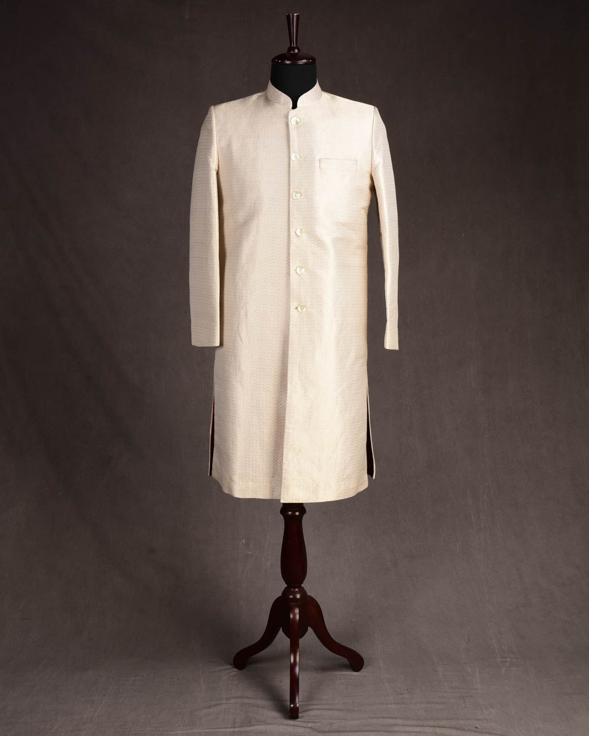Cream Gold & Silver Zari Brocade Handwoven Silk Mens Sherwani-HolyWeaves