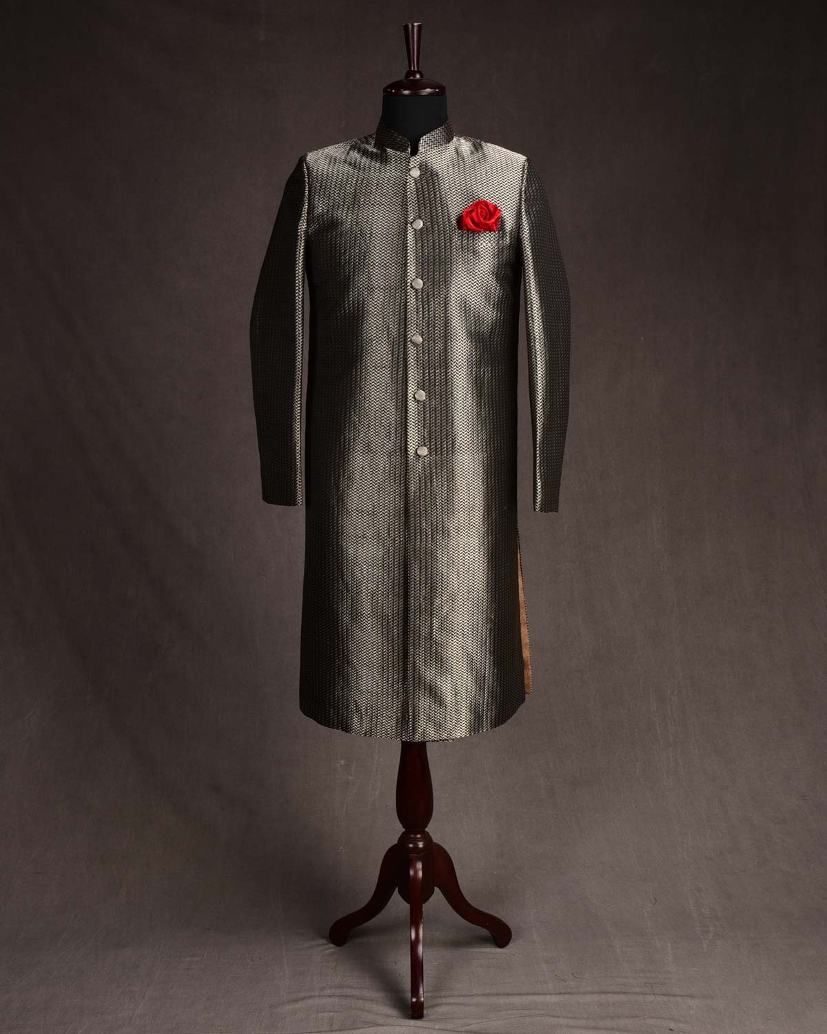 Black Gold & Silver Zari Herringbone Satin Brocade Handwoven Silk Mens Sherwani-HolyWeaves