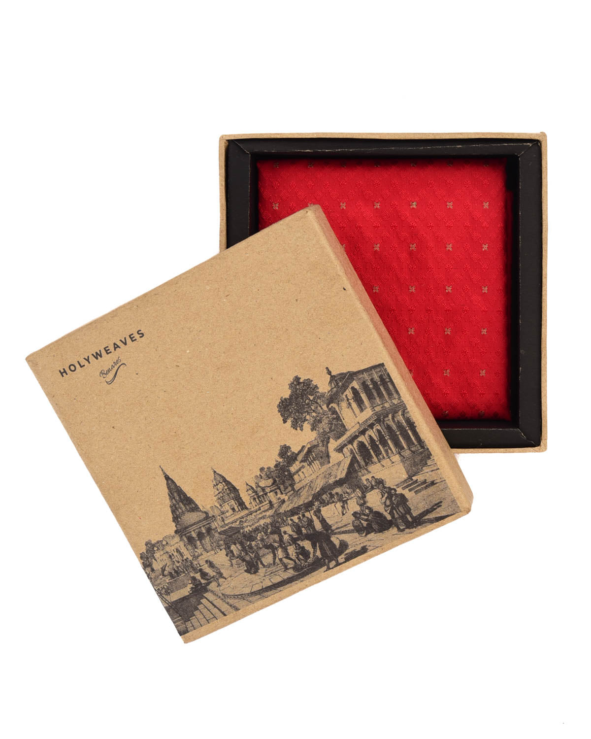 Red Tanchoi Brocade Handwoven Pure Silk Pocket Square For Men-HolyWeaves