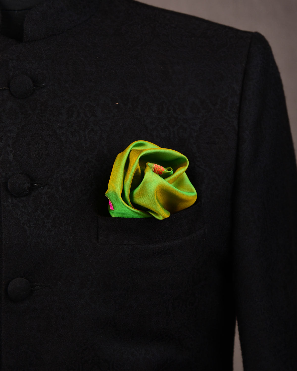 Green Kadhuan Brocade Handwoven Pure Silk Pocket Square For Men-HolyWeaves
