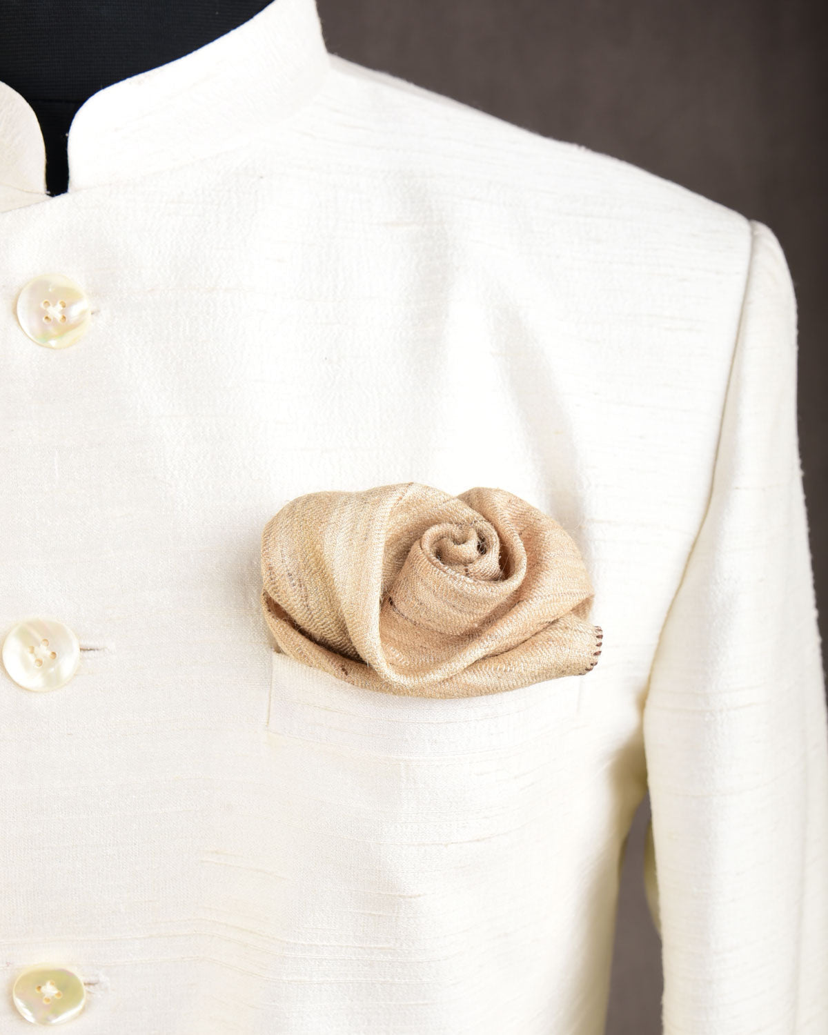 Textured Beige Variegated Texture Handwoven Tasar Silk Pocket Square for Men with Spiral Hand-Hemming-HolyWeaves