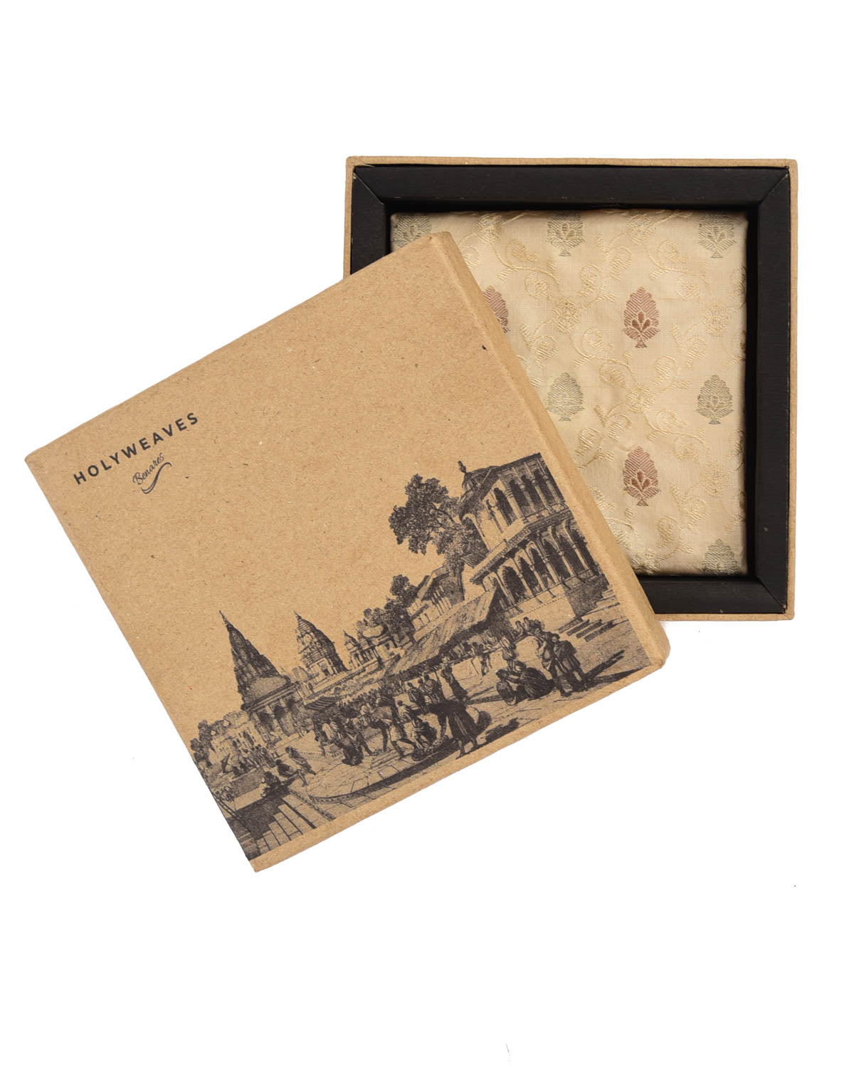 Beige Tanchoi Brocade with Gold & Copper Zari Accents Handwoven Pure Silk Pocket Square For Men-HolyWeaves