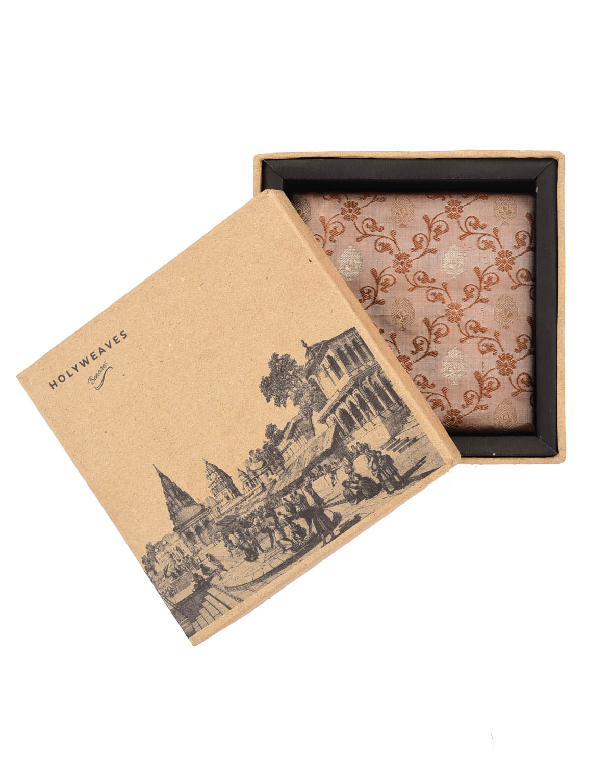 Brown Tanchoi Brocade with Gold & Copper Zari Accents Handwoven Pure Silk Pocket Square For Men-HolyWeaves