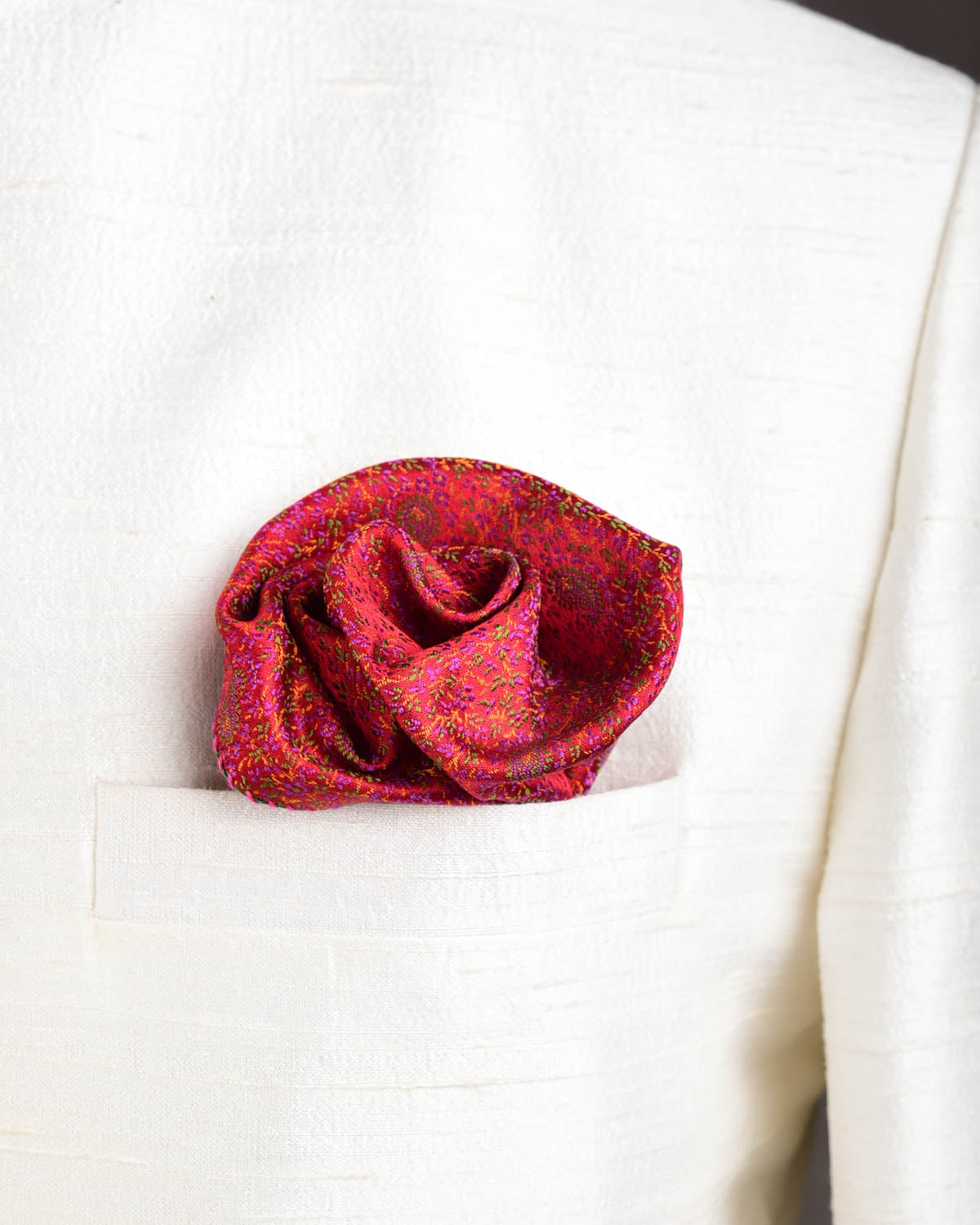 Red Mini Paisleys Tanchoi Handwoven Silk Pocket Square for Men with Spiral Hand-Hemming-HolyWeaves