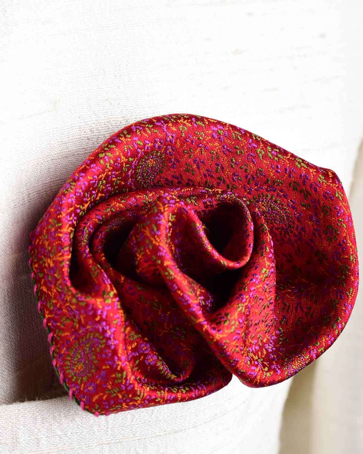 Red Mini Paisleys Tanchoi Handwoven Silk Pocket Square for Men with Spiral Hand-Hemming-HolyWeaves