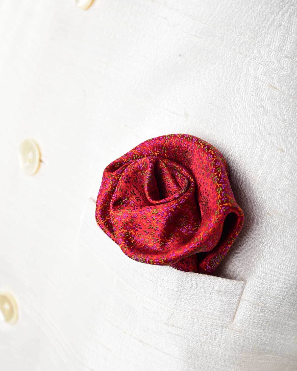 Red Mini Paisleys Tanchoi Handwoven Silk Pocket Square for Men with Spiral Hand-Hemming-HolyWeaves