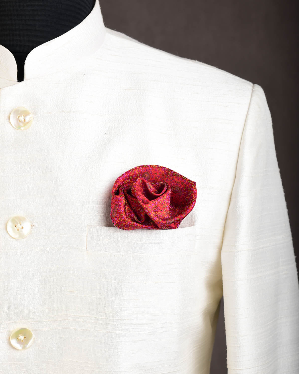 Red Mini Paisleys Tanchoi Handwoven Silk Pocket Square for Men with Spiral Hand-Hemming-HolyWeaves