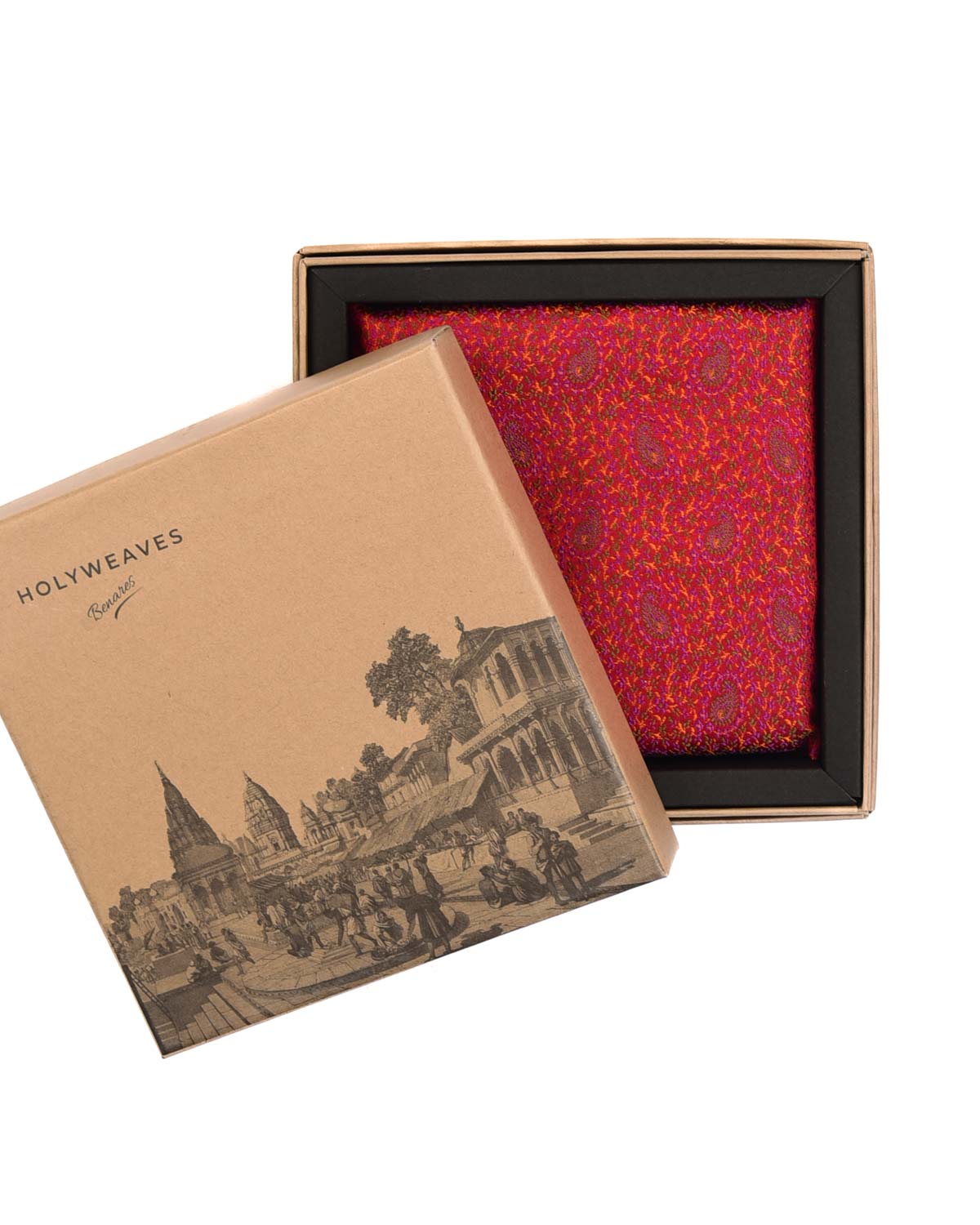 Red Mini Paisleys Tanchoi Handwoven Silk Pocket Square for Men with Spiral Hand-Hemming-HolyWeaves