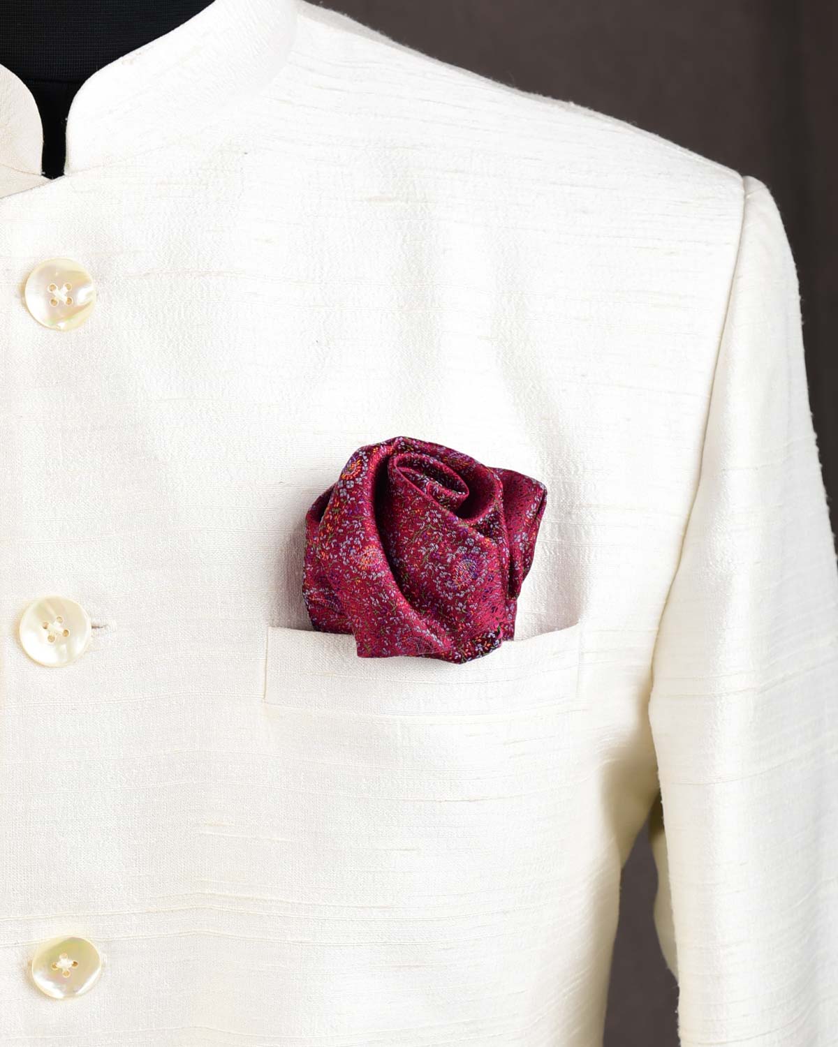 Burgundy Mini Paisleys Tanchoi Handwoven Silk Pocket Square for Men with Spiral Hand-Hemming-HolyWeaves