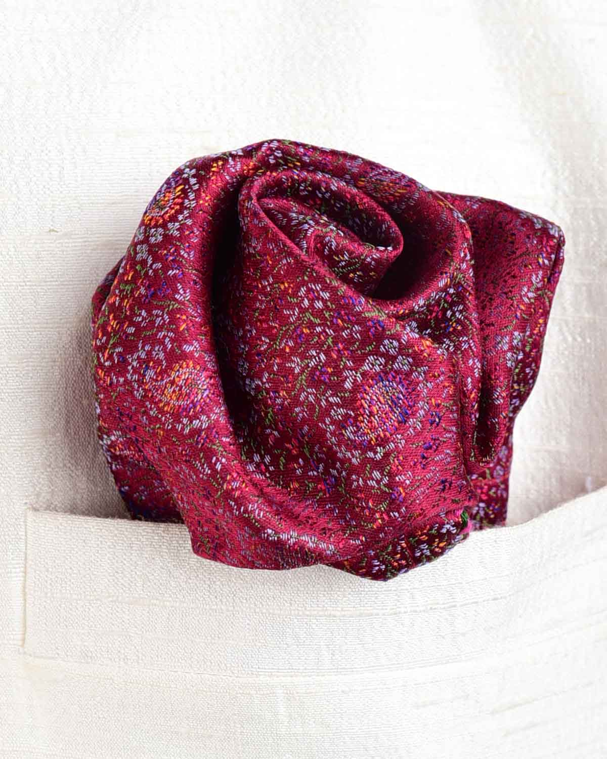 Burgundy Mini Paisleys Tanchoi Handwoven Silk Pocket Square for Men with Spiral Hand-Hemming-HolyWeaves