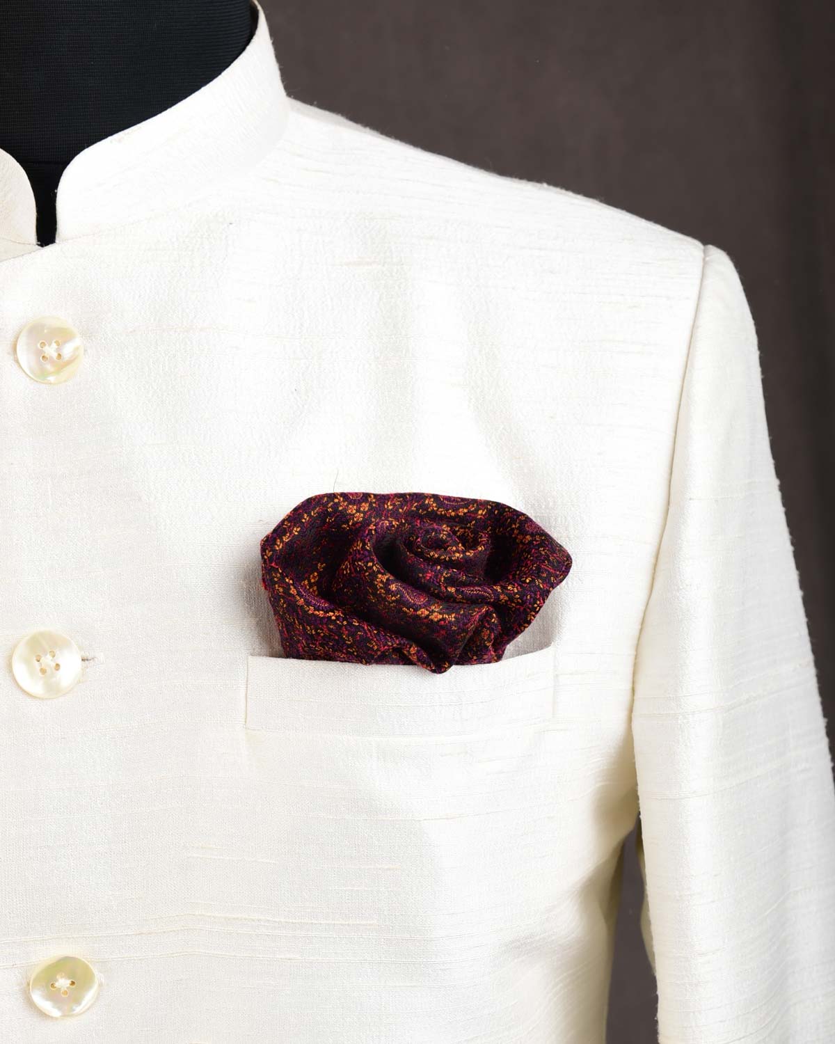 Black Mini Paisleys Tanchoi Handwoven Silk Wool Pocket Square for Men with Spiral Hand-Hemming-HolyWeaves