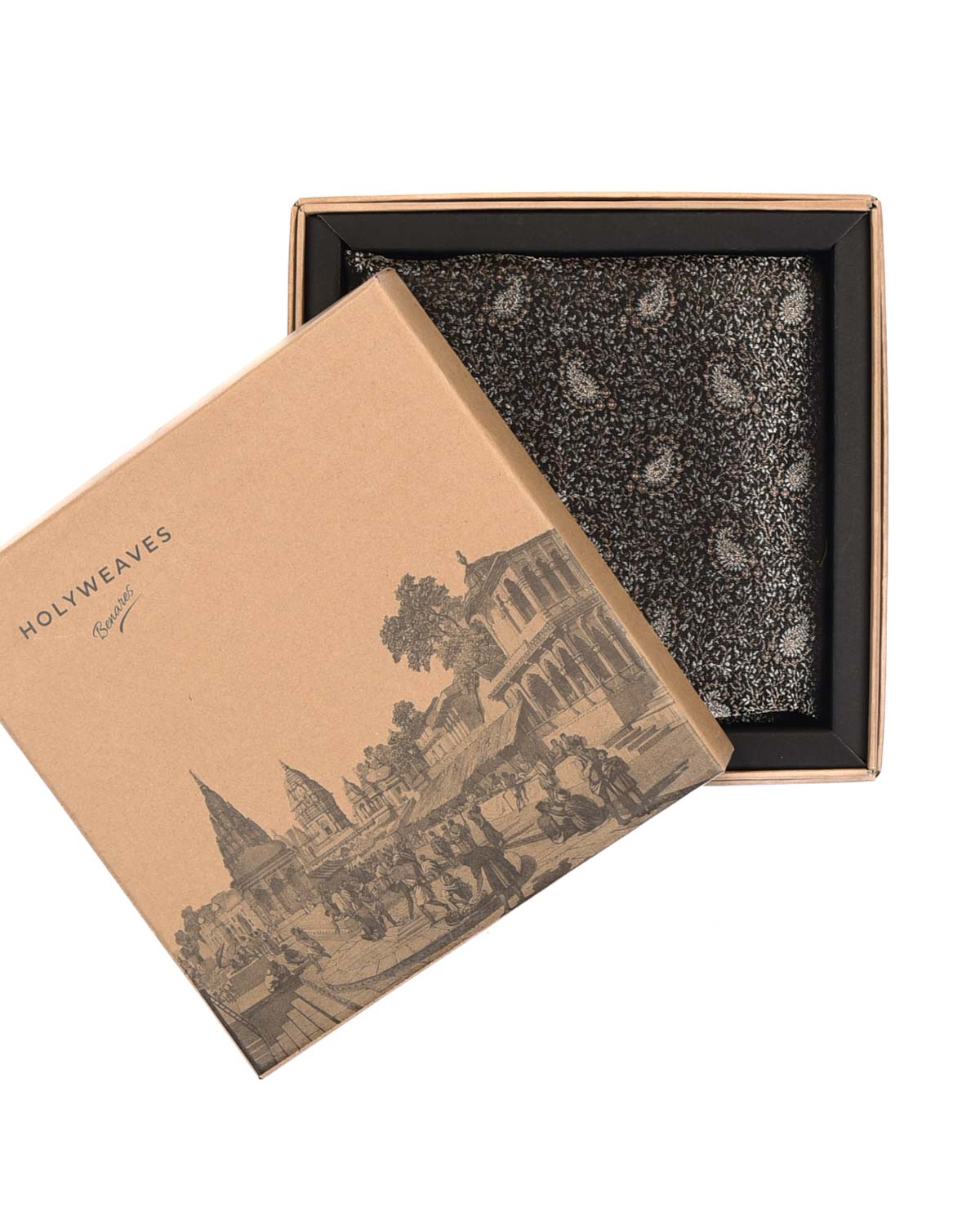 Metallic Black Zari Paisleys Satin Tanchoi Handwoven Silk Pocket Square for Men with Spiral Hand-Hemming-HolyWeaves