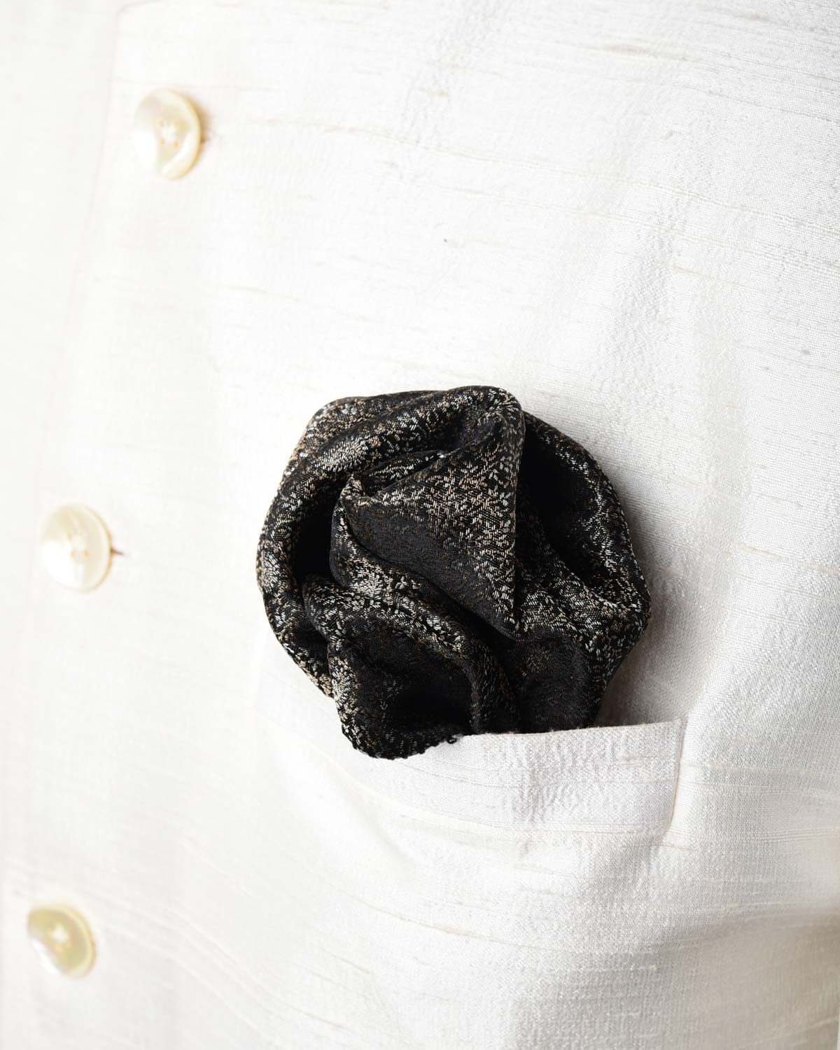 Metallic Black Zari Paisleys Satin Tanchoi Handwoven Silk Pocket Square for Men with Spiral Hand-Hemming-HolyWeaves