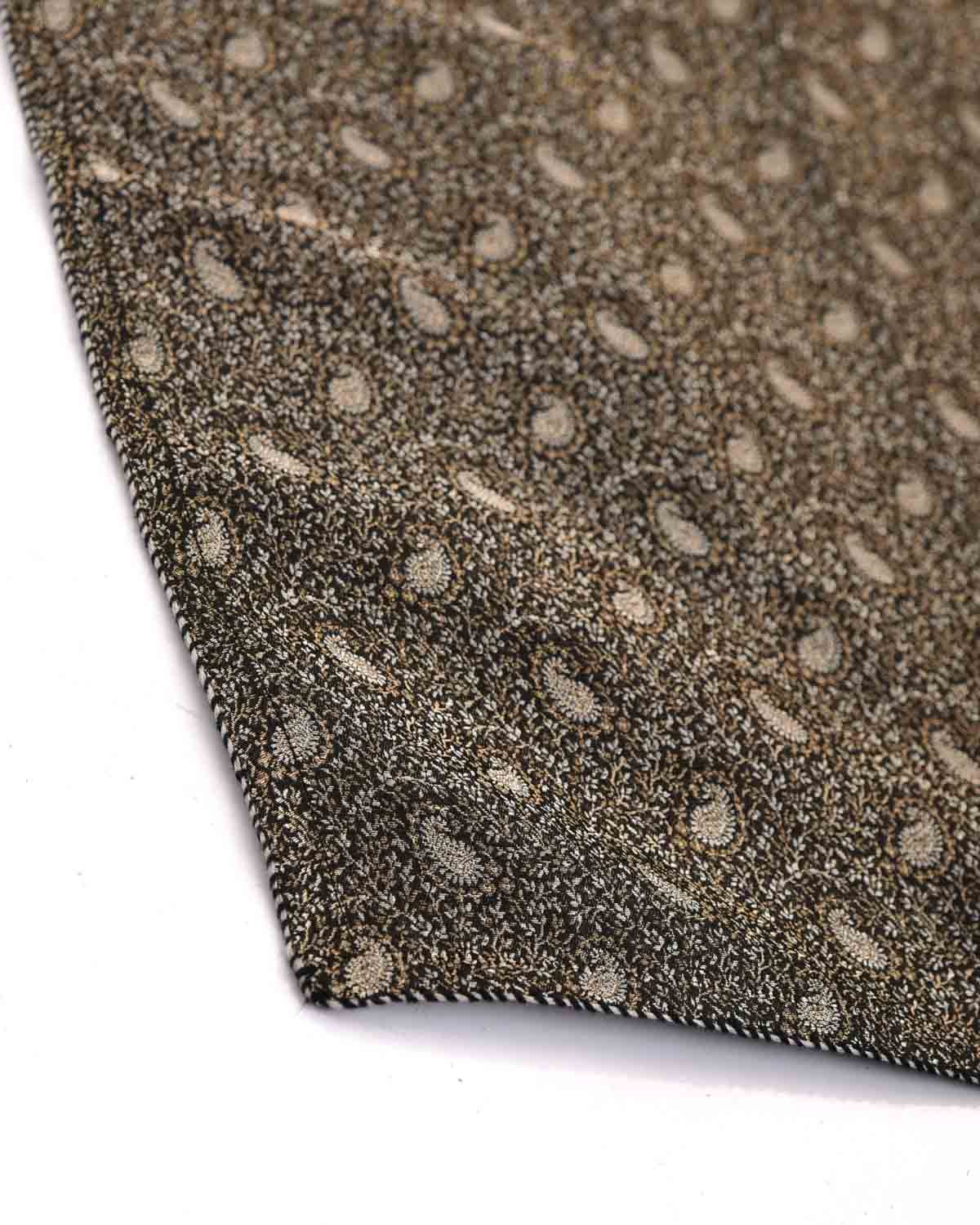 Metallic Black Zari Paisleys Satin Tanchoi Handwoven Silk Pocket Square for Men with Spiral Hand-Hemming-HolyWeaves