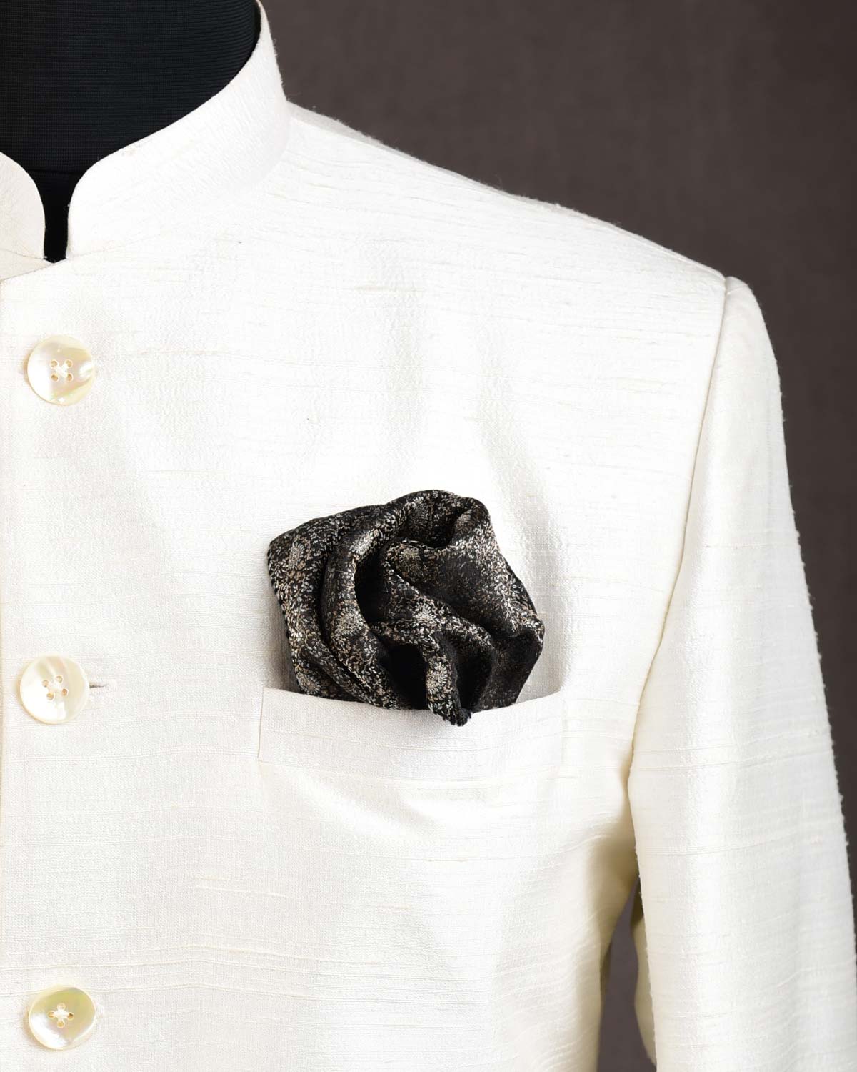 Metallic Black Zari Paisleys Satin Tanchoi Handwoven Silk Pocket Square for Men with Spiral Hand-Hemming-HolyWeaves