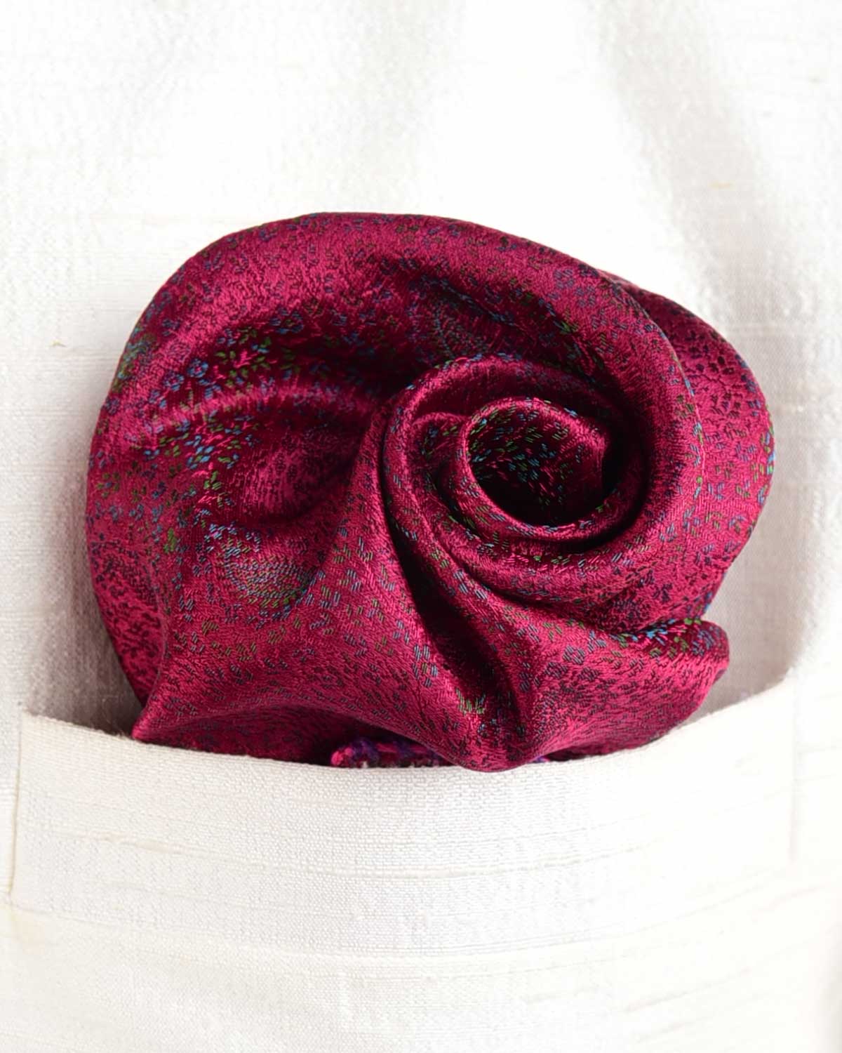 Metallic Magenta Zari Paisleys Satin Tanchoi Handwoven Silk Pocket Square for Men with Spiral Hand-Hemming-HolyWeaves