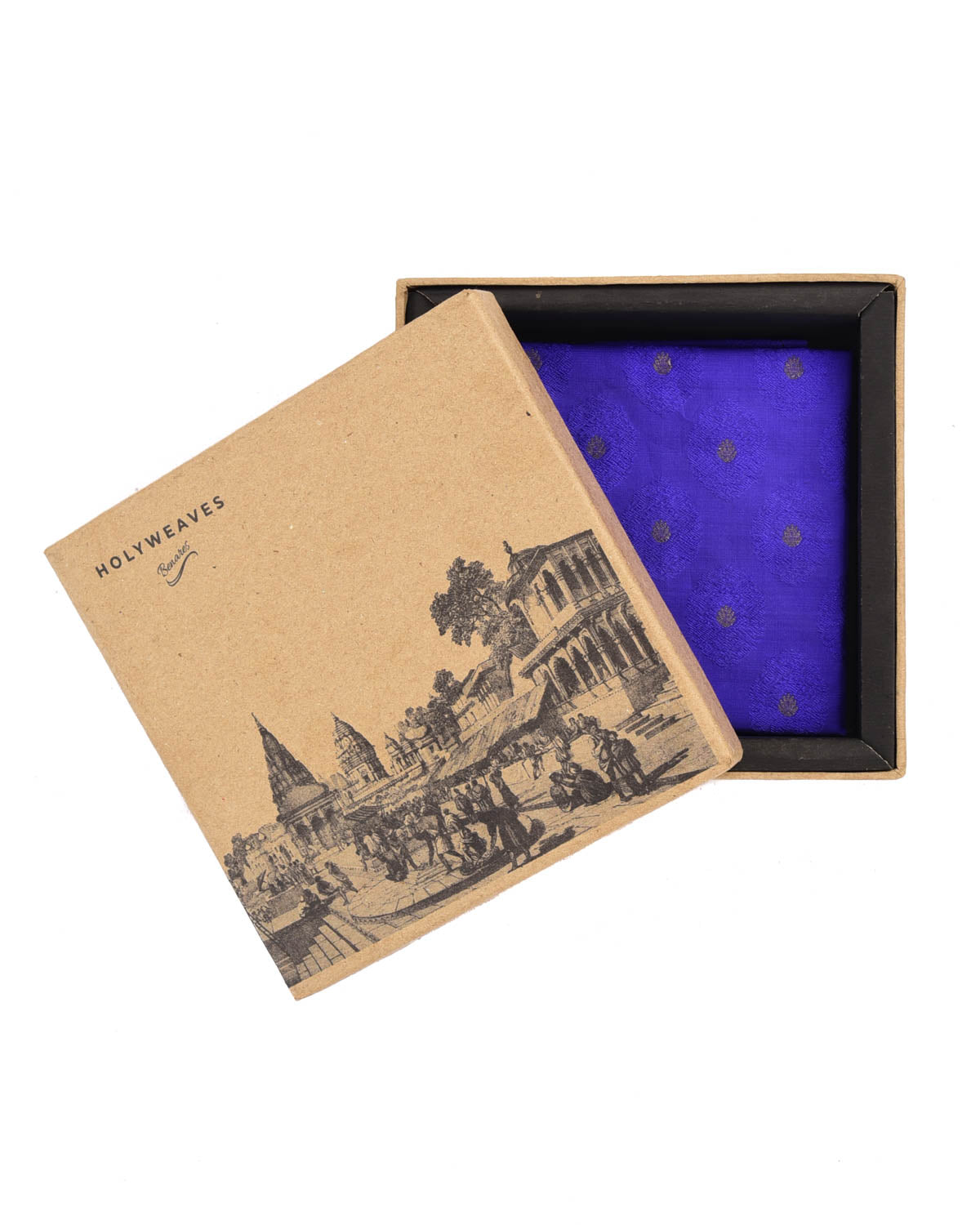 Blue Banarasi Tanchoi Handwoven Silk Pocket Square with Gold Zari Accents-HolyWeaves