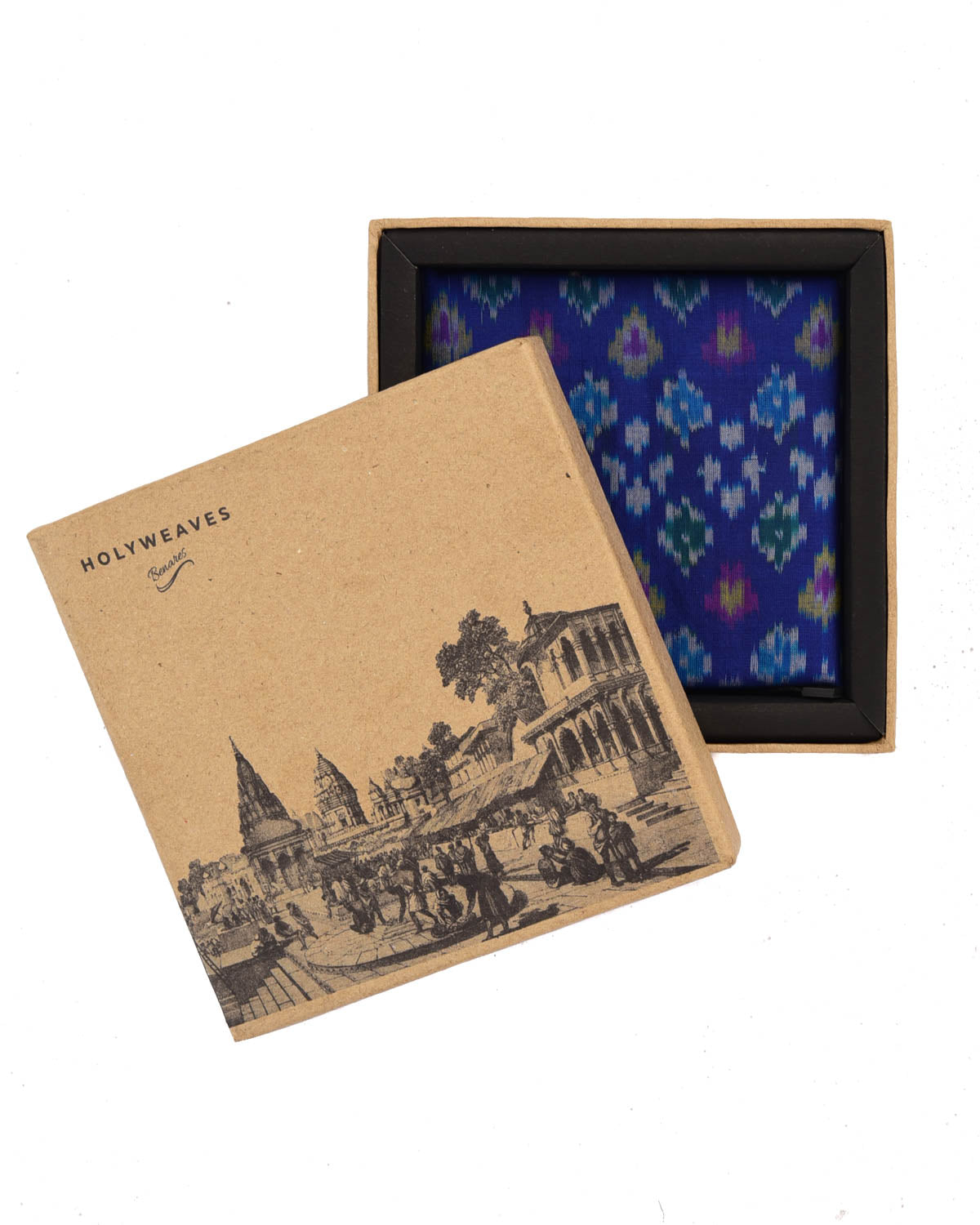 Blue Banarasi Multi Color Buti Ikat Handwoven Cotton Pocket Square-HolyWeaves