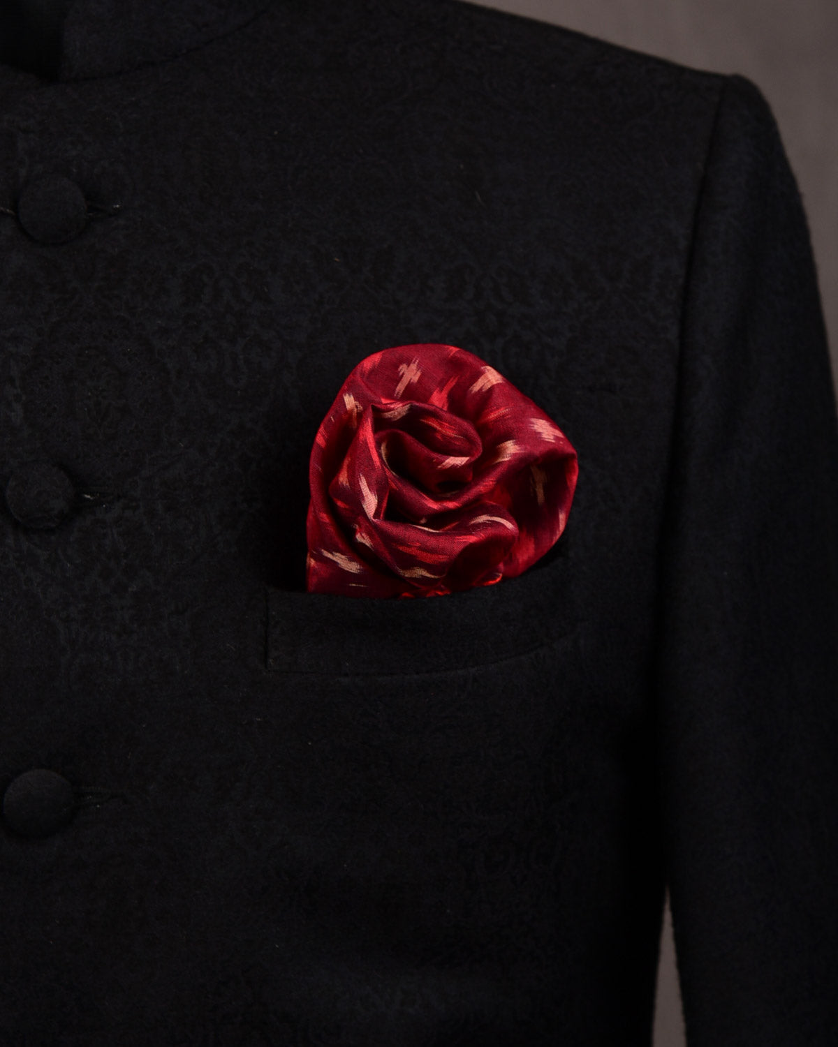 Garnet Banarasi Multi Color Buti Ikat Handwoven Cotton Pocket Square-HolyWeaves