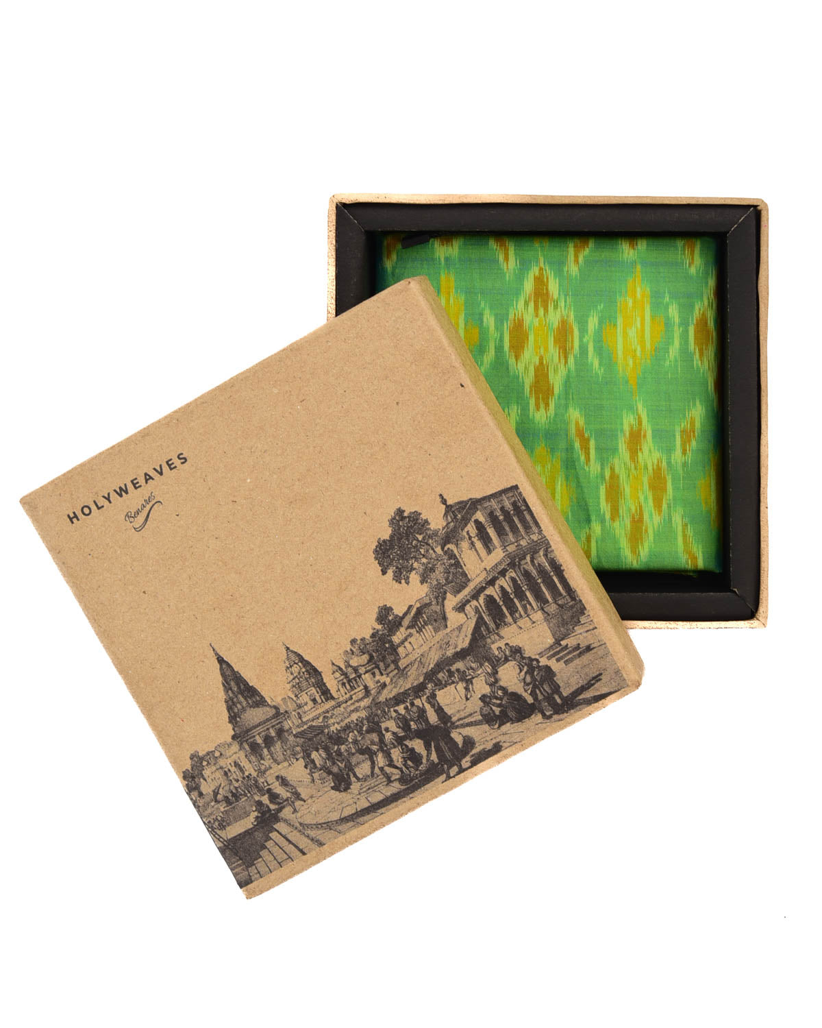 Green Banarasi Ikat Handwoven Cotton Pocket Square-HolyWeaves