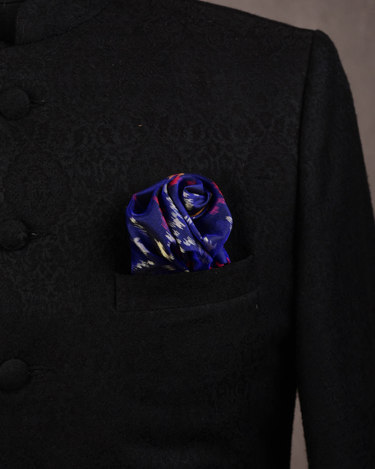 Navy Blue Banarasi Ikat Handwoven Silk Pocket Square-HolyWeaves