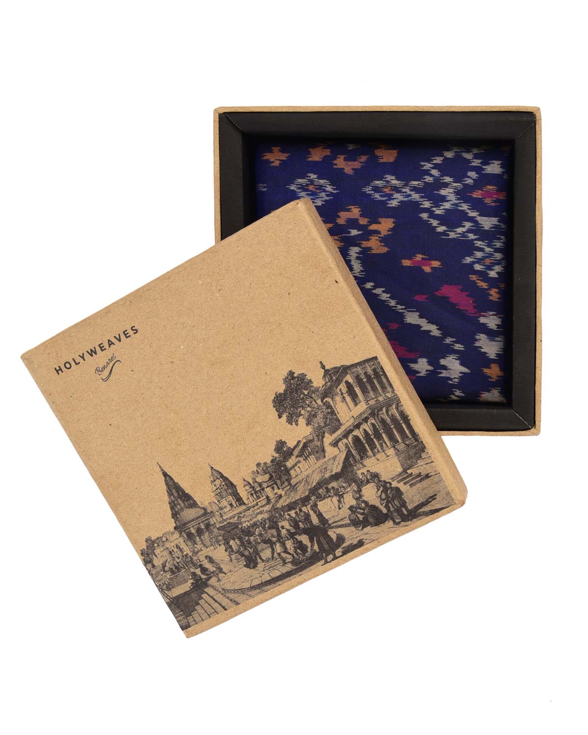 Navy Blue Banarasi Ikat Handwoven Silk Pocket Square-HolyWeaves