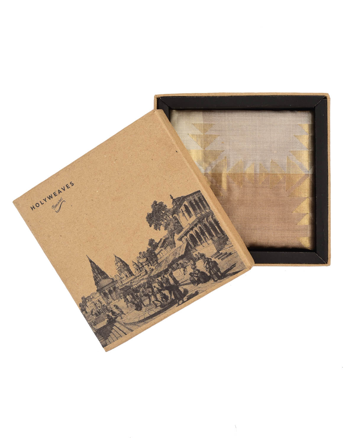 Cream Beige Banarasi Gold Zari Geometrical Kadhuan Brocade Handwoven Cotton Pocket Square-HolyWeaves