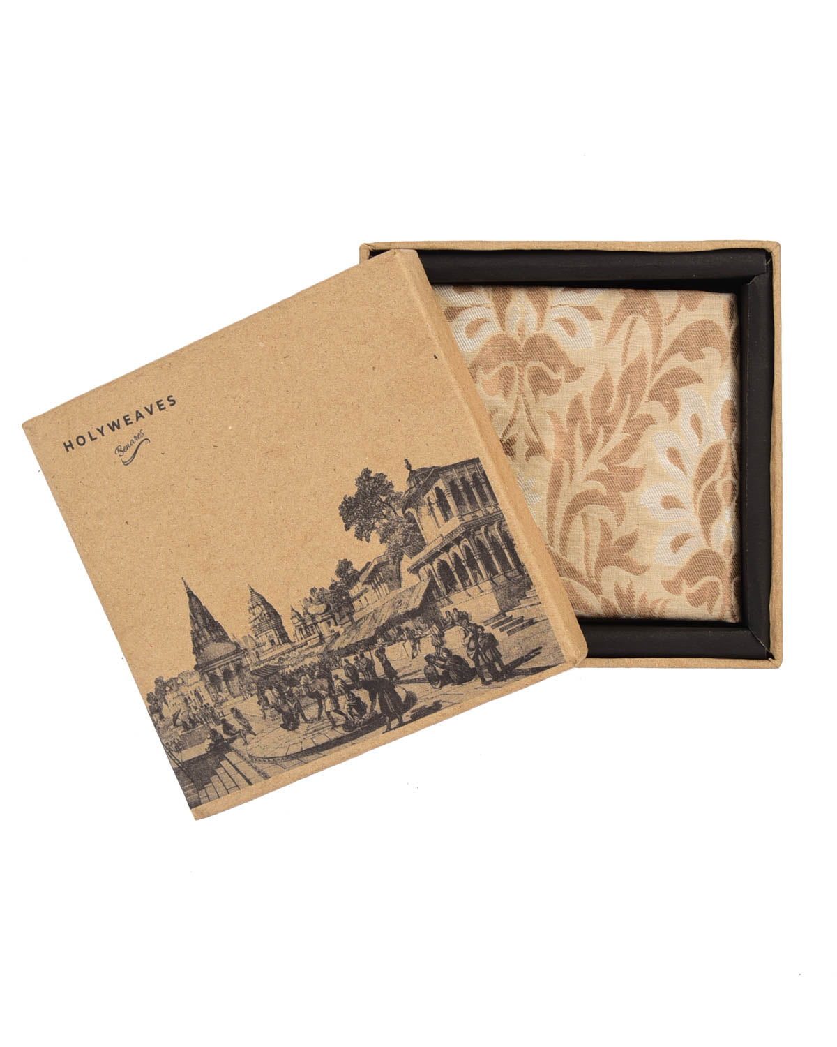 Beige Banarasi Resham & Gold Zari Floral Jaal Brocade Handwoven Muga Silk Pocket Square-HolyWeaves