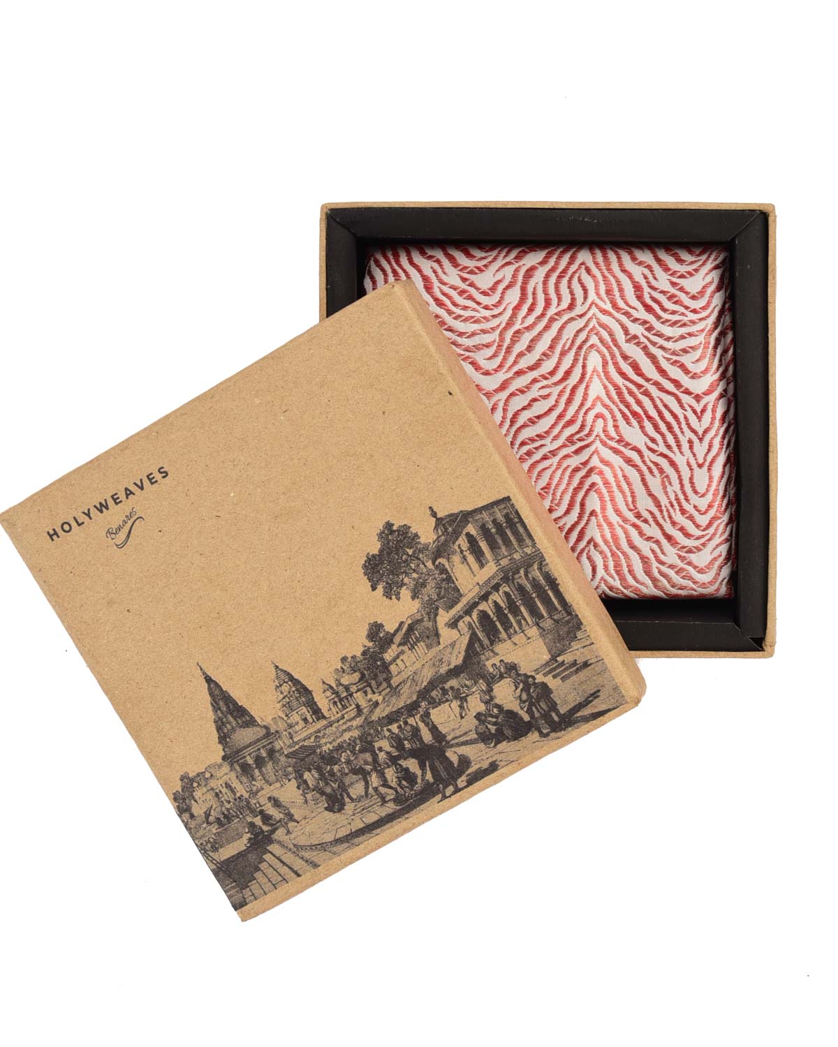 Cream Banarasi Red Zari Tiger Stripes Brocade Handwoven Silk Pocket Square-HolyWeaves