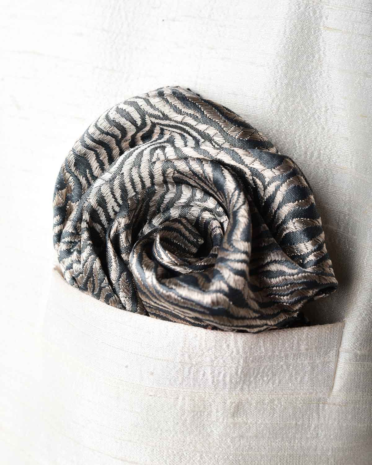 Silver On Gray Tiger Stripes Brocade Handwoven Silk Pocket Square for Men with Spiral Hand-Hemming-HolyWeaves