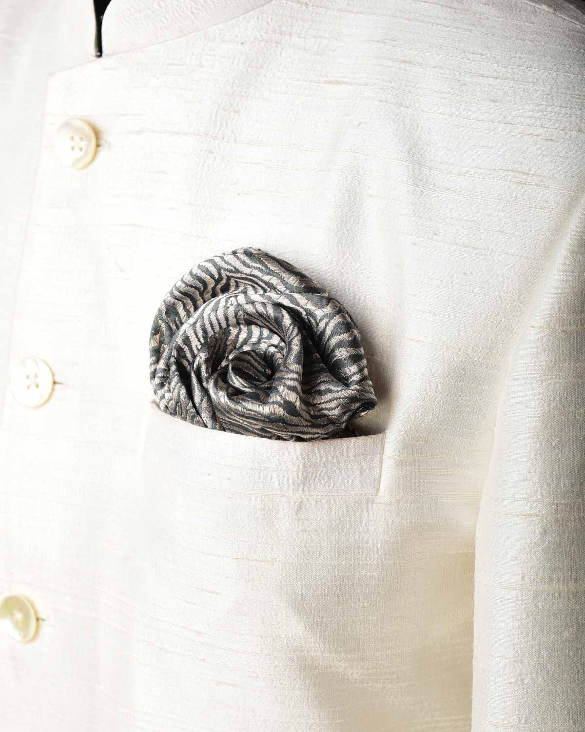 Silver On Gray Tiger Stripes Brocade Handwoven Silk Pocket Square for Men with Spiral Hand-Hemming-HolyWeaves