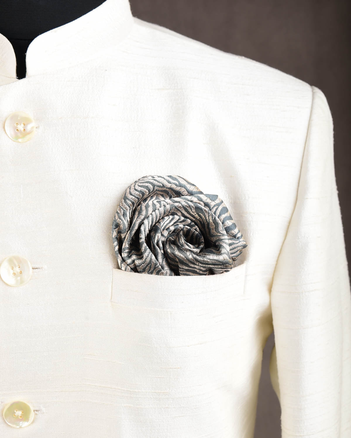 Silver On Gray Tiger Stripes Brocade Handwoven Silk Pocket Square for Men with Spiral Hand-Hemming-HolyWeaves