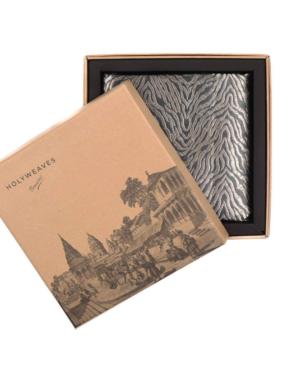 Silver On Gray Tiger Stripes Brocade Handwoven Silk Pocket Square for Men with Spiral Hand-Hemming-HolyWeaves